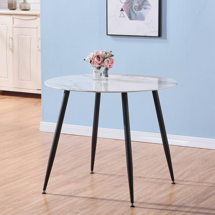 Goldfan Table de salle à manger ronde en verre de marbre blanc Mos et chaises de salle à manger en velours vert Bohin 4 pièces (jambe noire)