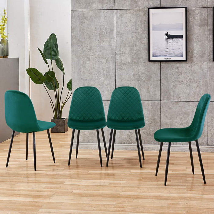 Goldfan Roemy Tempered Clear Glass Round Dining Table & Bohin Christmas Green Velvet Dining Chairs 4pcs(Black leg)