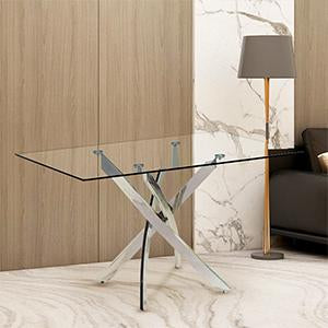 Goldfan Table de salle à manger rectangulaire en verre trempé transparent Momea avec pieds chromés croisés