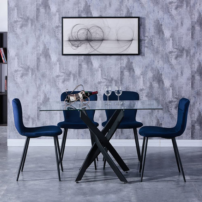 Goldfan Table de salle à manger à jambes croisées en verre Momea et chaise de salle à manger en velours bleu Dion/4 pièces (jambe noire)
