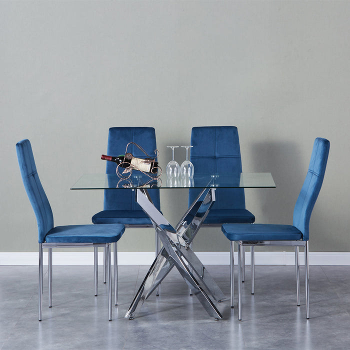 Goldfan Table de salle à manger Momea et chaises de salle à manger en velours bleu Noras (pieds croisés chromés)