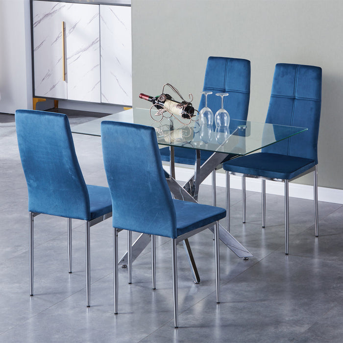 Goldfan Table de salle à manger Momea et chaises de salle à manger en velours bleu Noras (pieds croisés chromés)