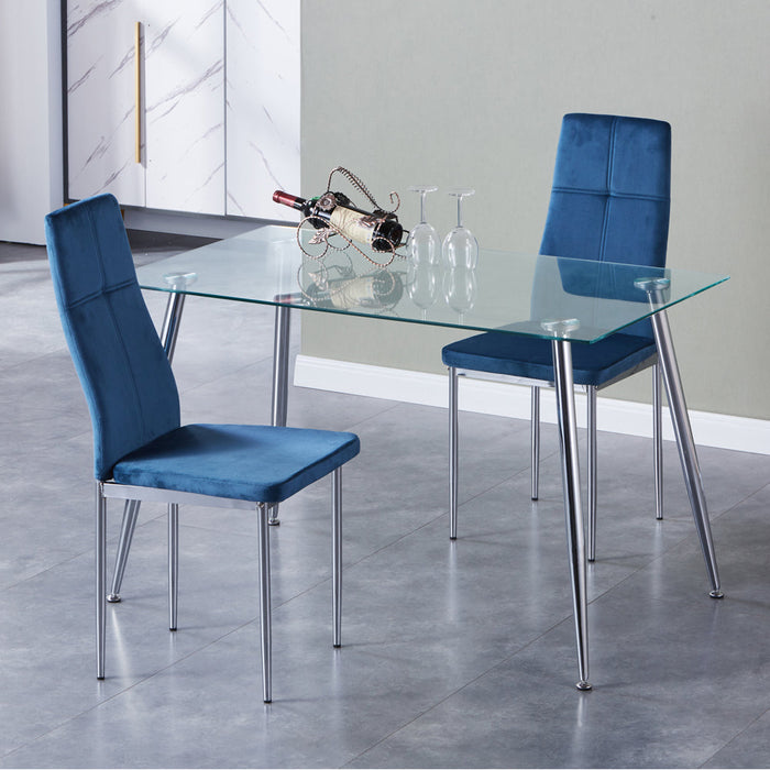 Goldfan Table de salle à manger Ritae et chaises de salle à manger en velours bleu Noras (pieds chromés)