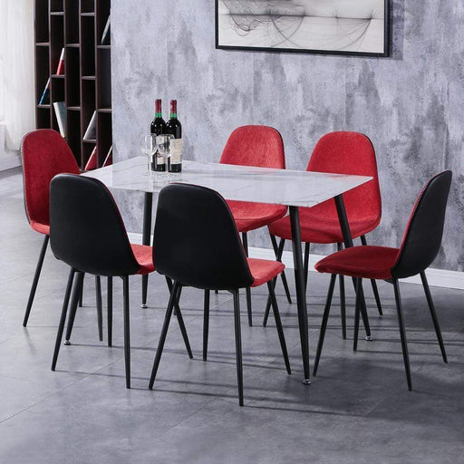 Gine Dining Room Marble Glass Top Black Powder-Coated Legs Dining Table &Tobi European style Indoor Red UKFR Velet Dining Chairs Black Powder-Coated Legs 6pcs Goldfan