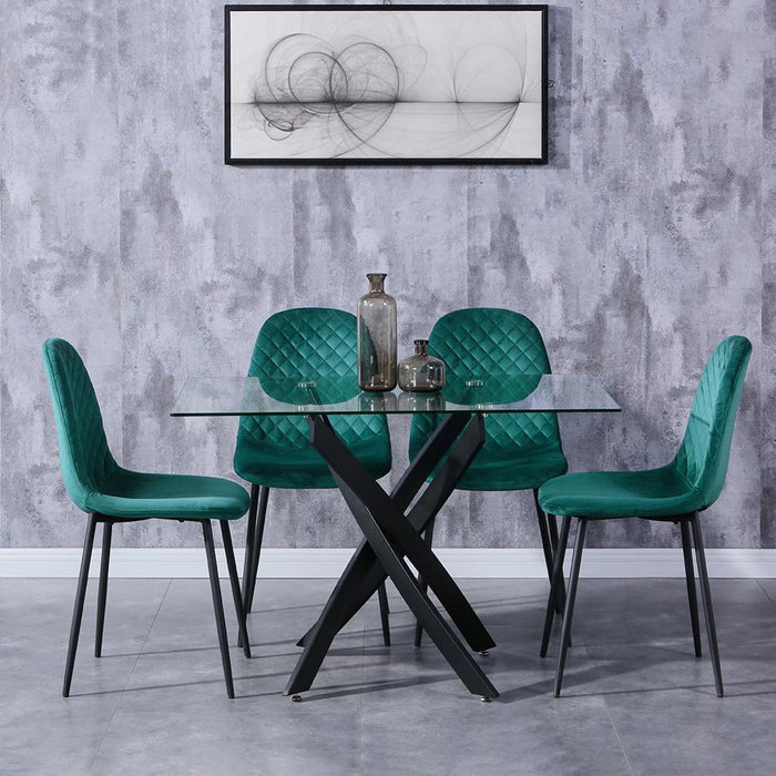 Goldfan Table de salle à manger rectangulaire en verre trempé Momea et chaises de salle à manger en velours vert de Noël Bohin 4 pièces (jambe noire)