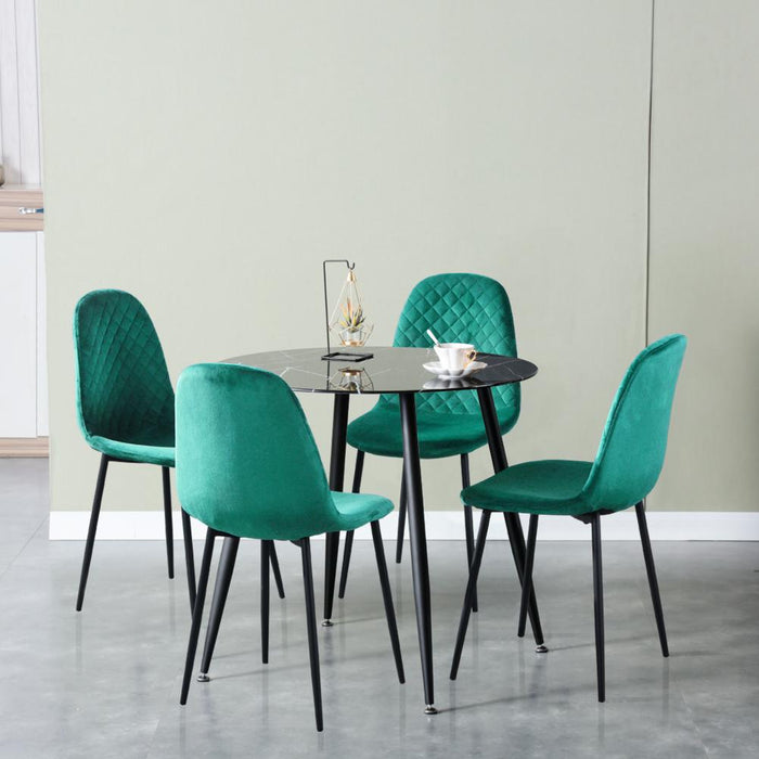 Goldfan Table de salle à manger ronde en verre de marbre Mos NOIR et chaises de salle à manger en velours vert Bohin 4 pièces