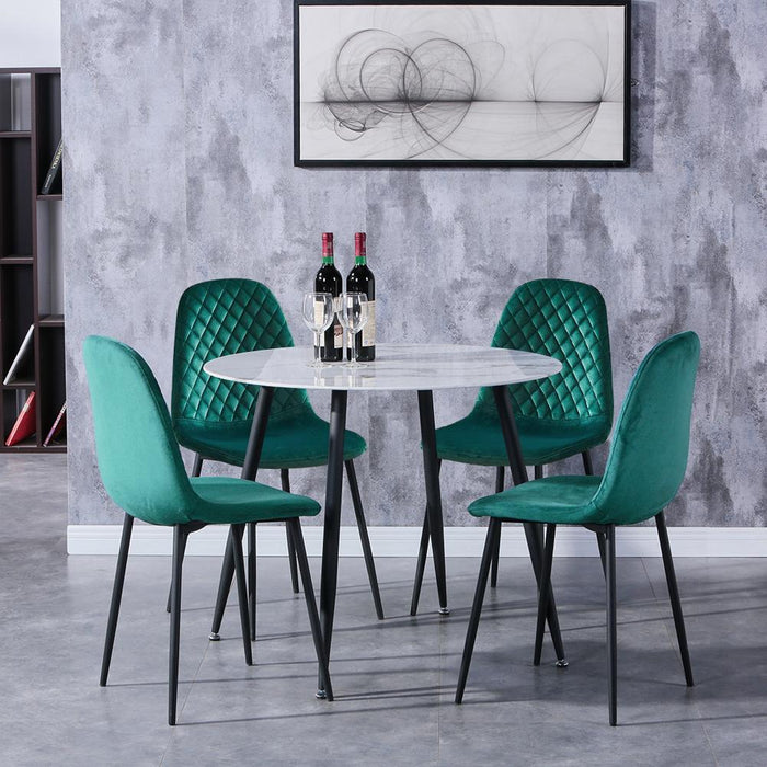 Goldfan Table de salle à manger ronde en verre de marbre blanc Mos et chaises de salle à manger en velours vert Bohin 4 pièces (jambe noire)