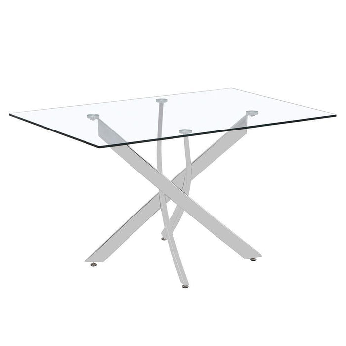 Momea Rectangle Tempered Clear Glass Dining Table Cross Chromed Legs Goldfan