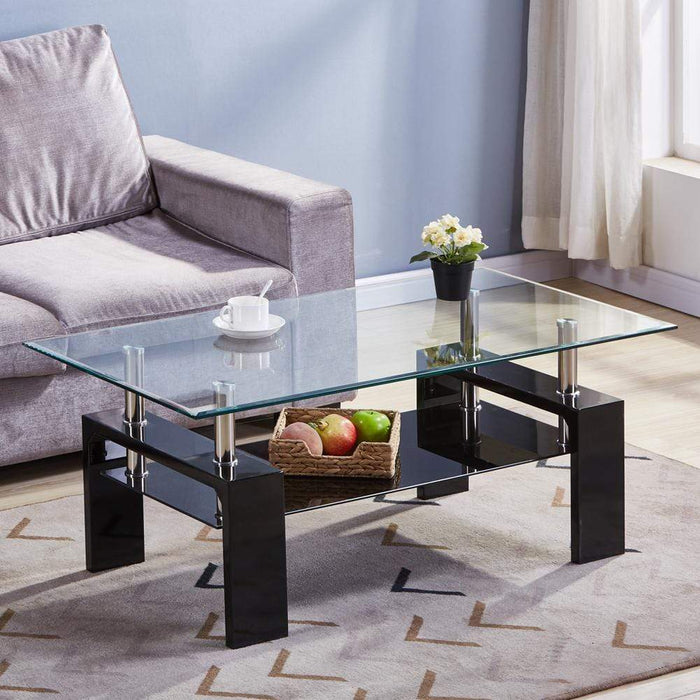 Goldfan Table d'appoint en MDF noir en verre clair trempé rectangulaire de salon Toan